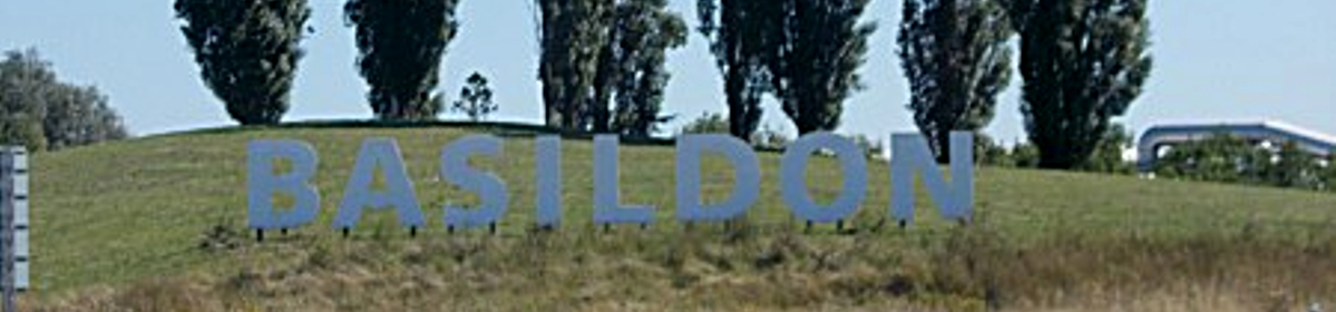 Sign welcoming visitors to Basildon in Essex