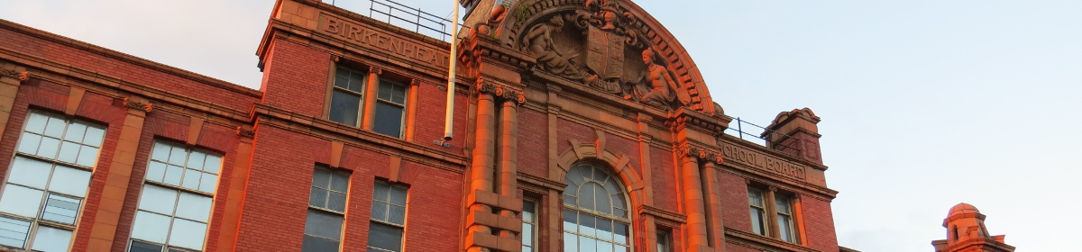 Detailed brick and slate features of the grade II listed Birkenhead Higher Elementary School building in Birkenhead, Wirral, Merseyside