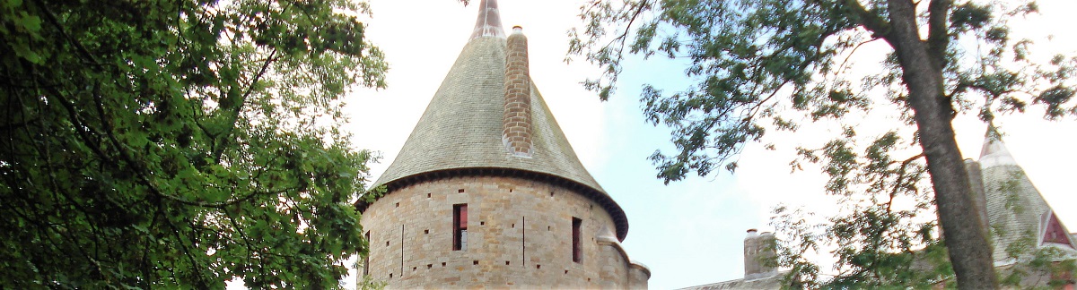 The Gothic Revival towers of Castle Coch (Red Castle) above the village of Tongwynlais, Cardiff in Wales