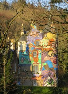 Kelburn Castle near Fairlie, Largs, Ayrshire, Scotland, a 16th century restored historic castle, painted with colourful graffiti