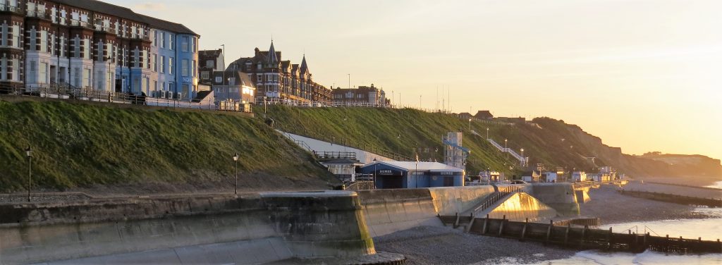 Impressive sea defences protecting coastal buildings at Cromer, Norfolk