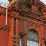 Detailed brick and slate features of the grade II listed Birkenhead Higher Elementary School building in Birkenhead, Wirral, Merseyside