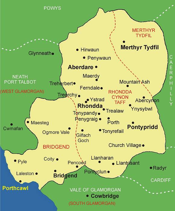 Clickable map of Bridgend, Rhondda Cynon Taff and Merthyr Tydfil